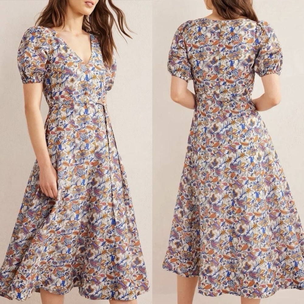 Boden Full Skirt Paneled Linen Blend Midi Dress  Multicolor Paisley Vine 12‎